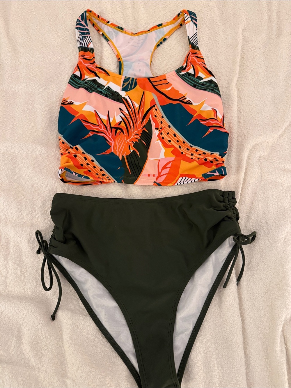 High-Neck Floral Print Swim Top & Olive High-Waist Bikini Bottom